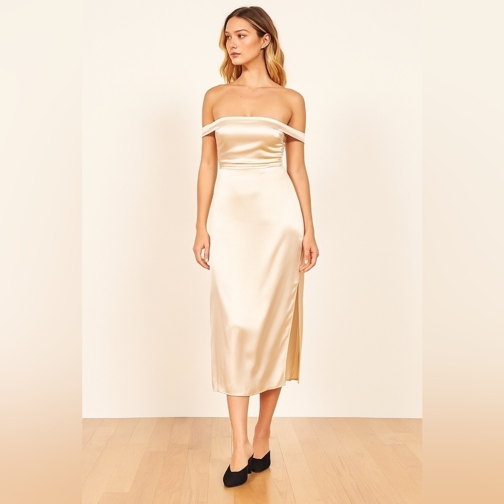 Reformation Champagne Almond Silk off the should dress